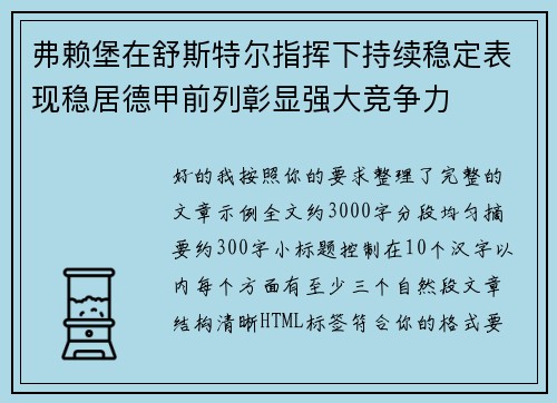 弗赖堡在舒斯特尔指挥下持续稳定表现稳居德甲前列彰显强大竞争力